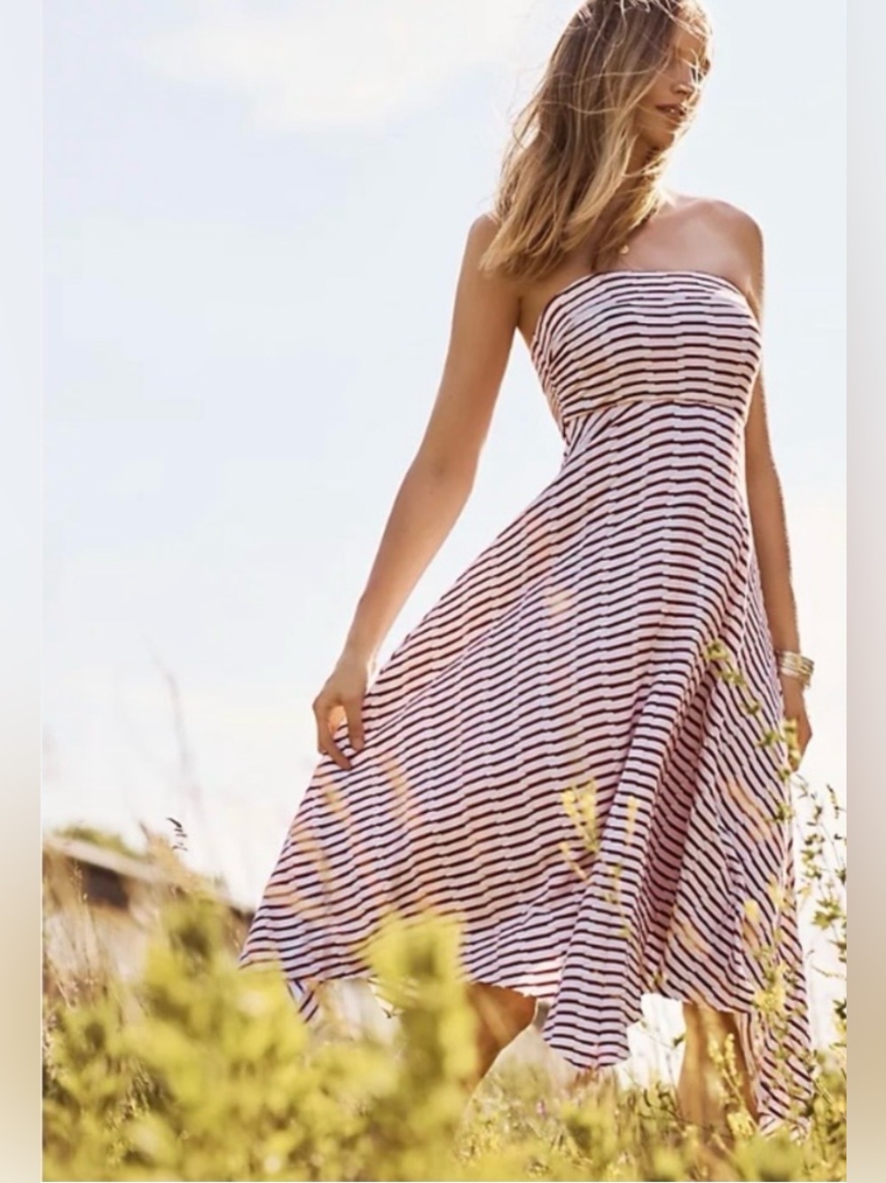 Anthropology Maeve Red & White Striped Strapless Caleta Maxi Dress